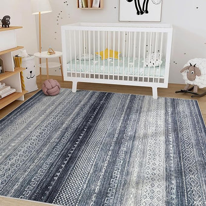 Nakagishi Area Rug 6x9 Living Room: Washable Boho Large Neutral Soft Modern Rugs Stain Resistant Moroccan Indoor Non-Slip Accent Carpet for Bedroom Nursery Kids Playroom Office Dining Room Dorm- Blue