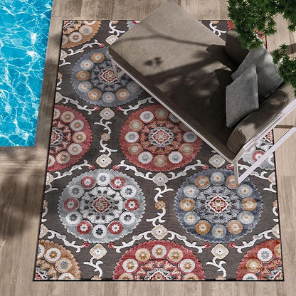 CAMILSON Indoor Outdoor Rug 9x12 Bohemian Medallion Floral Area Rugs for Indoor and Outdoor Patios Easy-Cleaning Non-Shedding Living Room Garden and Kitchen Washable Outside Carpet (9 x 12 / Brown)