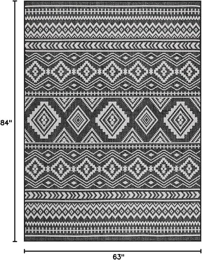 Beverly Rug Waikiki Boho Indoor Outdoor Rug 5x7, Washable Outside Carpet for Patio, Deck, Porch, Bohemian Area Rug, Farmhouse Rugs, Aztec Tribal Rug, Black and White