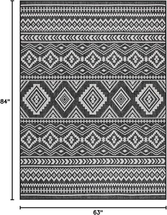 Beverly Rug Waikiki Boho Indoor Outdoor Rug 5x7, Washable Outside Carpet for Patio, Deck, Porch, Bohemian Area Rug, Farmhouse Rugs, Aztec Tribal Rug, Black and White
