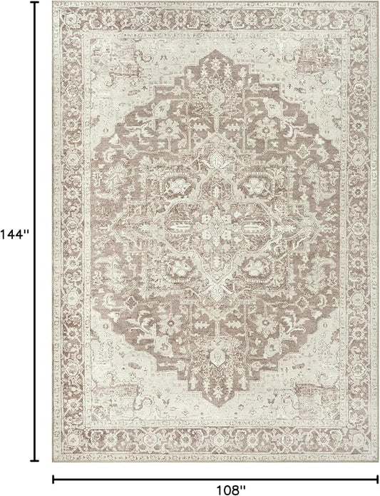 Bloom Rugs Washable Non-Slip 9' x 12' Rug - Light Brown Traditional Medallion Area Rug for Living Room, Bedroom, Dining Room, and Kitchen - Exact Size: 9' x 12'