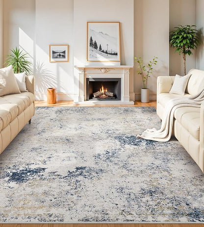 Area Rugs 9x12 Living Room - Modern Abstract Large Rugs for Living Room Non-Slip Low Pile Soft Machine Washable Carpet for Bedroom, Under Dining Table, Nursery, Farmhouse (9'x12' Beige Blue)
