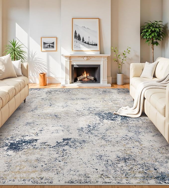 8x10 Area Rugs Machine Washable - Modern Abstract Large Rugs for Living Room Soft Anti-Skid Thin Carpet for Bedroom, Under Dining Table, Nursery, Farmhouse,Home Office (8'x10' Beige Blue)