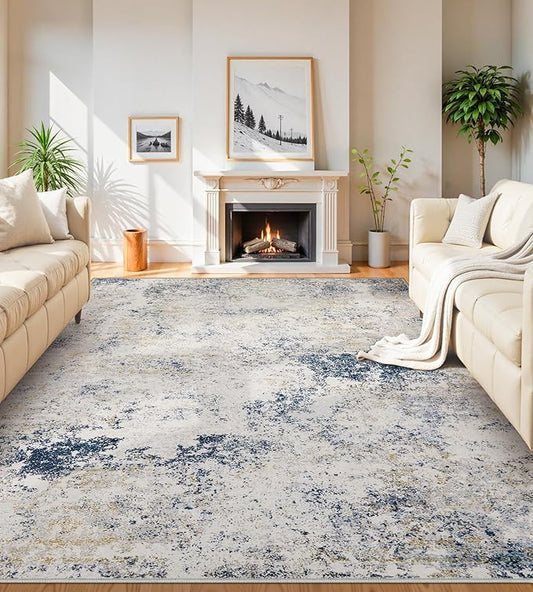 8x10 Area Rugs Machine Washable - Modern Abstract Large Rugs for Living Room Soft Anti-Skid Thin Carpet for Bedroom, Under Dining Table, Nursery, Farmhouse,Home Office (8'x10' Beige Blue)