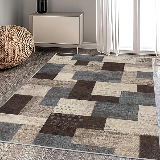 Modern Geometric Patchwork Indoor Area Rug for Living Room, Blue-Taupe 4'x 6' Large Rug Rockwood Collection Hardwood Floors Decor for Bedroom, Blue Throw Carpet for Office Entryway Dining Room