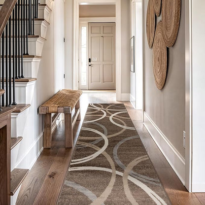 Rugshop Modern Wavy Circles Design Runner Rug, Non-Shedding Carpet for Hallway, Entryway, or Kitchen, Brown, 2'7" x 10'