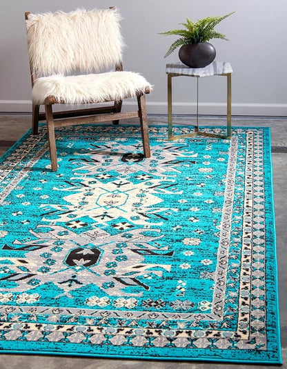 Unique Loom Taftan Collection Border Geometric Tribal Inspired Design Area Rug (9' 0 x 12' 0 Rectangular, Turquoise/ Gray)