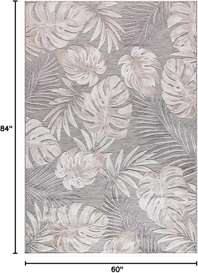 CAMILSON Indoor Outdoor Rug, Beige 5x7 Leaf Tropical Botanical Area Rugs for Indoor and Outdoor patios, Easy-Cleaning Non-Shedding Living Room, Garden and Kitchen Washable Outside Carpet (5 x 7)