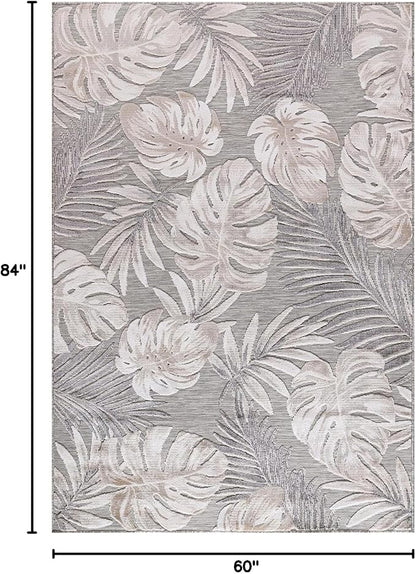 CAMILSON Indoor Outdoor Rug, Beige 5x7 Leaf Tropical Botanical Area Rugs for Indoor and Outdoor patios, Easy-Cleaning Non-Shedding Living Room, Garden and Kitchen Washable Outside Carpet (5 x 7)