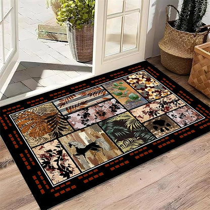 Rustic Cabin Area Rug 5x8ft, Animal & Moroccan Plaid Pattern Vintage Boho Carpet, Stain-Resistant Pet-Friendly & Non-Slip Low Pile for Living Room, Bedroom, Dining Room
