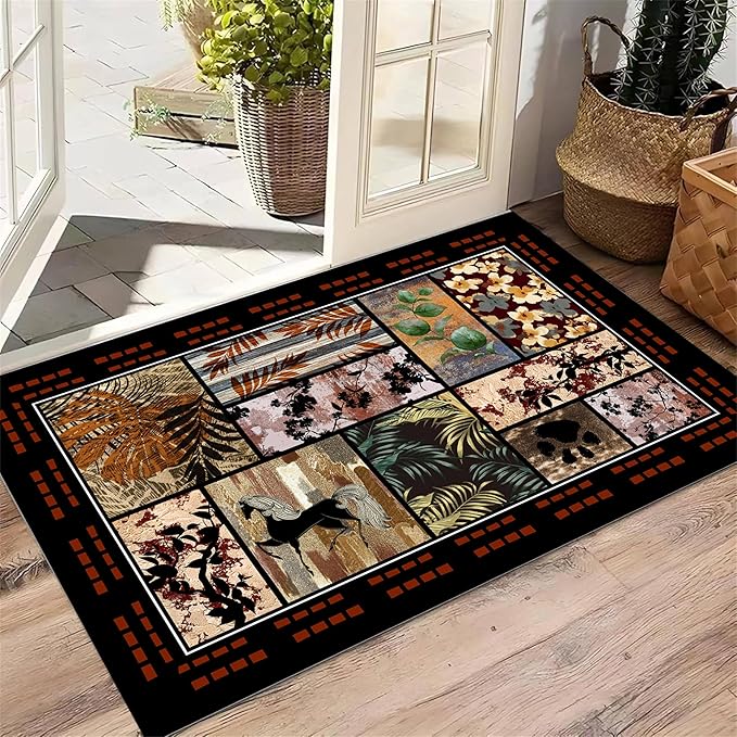 Rustic Cabin Area Rug 2x3ft, Animal & Moroccan Plaid Pattern Vintage Boho Carpet, Stain-Resistant Pet-Friendly & Non-Slip Low Pile for Living Room, Bedroom, Dining Room