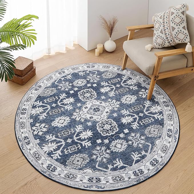 VK VK·LIVING Round Washable Rug 5'Ft Vintage Machine Washable Area Rugs with Non Slip Round Rugs for Living Room Bedroom Traditional Woven Carpet Stain Resistant Dining Home Office Boho Rug (Navy)