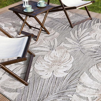 CAMILSON Indoor Outdoor Rug, Beige 5x7 Leaf Tropical Botanical Area Rugs for Indoor and Outdoor patios, Easy-Cleaning Non-Shedding Living Room, Garden and Kitchen Washable Outside Carpet (5 x 7)