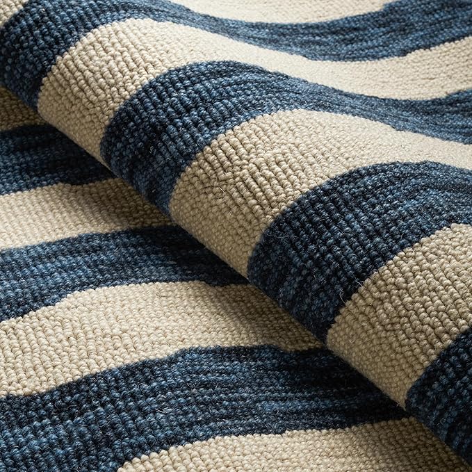 Dash & Albert Silas Stripe Navy Hand Micro Hooked Wool Rug, 5 X 8 Feet, Blue Stripe Pattern - Premium Luxury Hotel Quality Soft Breathable Hypoallergenic Machine Washable Easy Care All Season