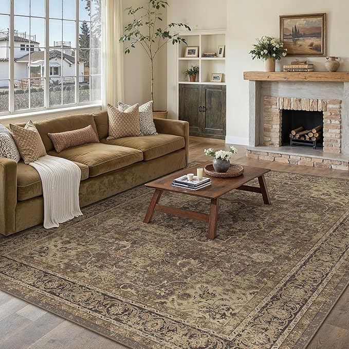 6x9 Brown Washable Vintage Area Rug for Living Room Bedroom Soft Tranditional Non Slip Large Throw Rug Lightweight Floral Low Pile Distressed Carpet Office Playroom Dining Laundry Room