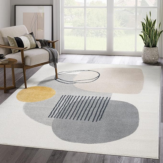 Abani Rugs Cream and Gray 6 ft. X 9 ft. Mid-Century Rug with Circles and Lines. Neutral Tones of Cream, Gray and a pop of Yellow. Minimalistic Design Turkish Stain Resistant Area Rug.