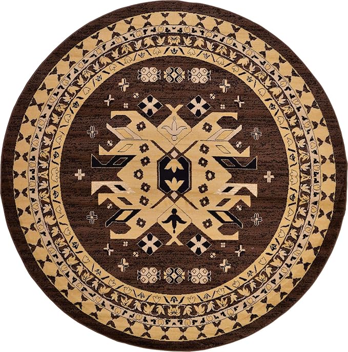 Unique Loom Taftan Collection Border Geometric Tribal Inspired Design Area Rug (8' 0 x 8' 0 Round, Brown/ Tan)
