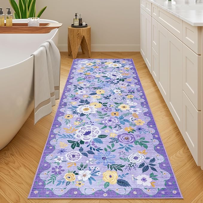 DUKINO Runner Rug, 2.6x8 Kitchen Rug for Hallway with Non Slip Backing, Washable Low Pile Soft Boho Floral Runner Carpet for Hallway, Kitchen, Entryway, Laundry, Bedroom, Purple