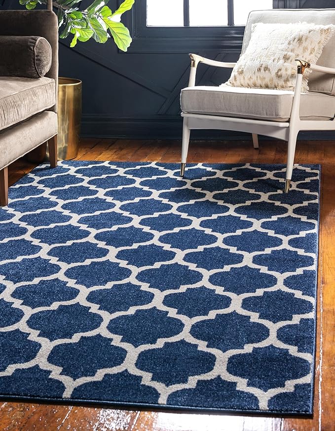 Rugs.com Lattice Collection Rug – 3' x 5' Dark Blue Medium Rug Perfect for Entryways, Kitchens, Breakfast Nooks, Accent Pieces