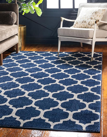 Rugs.com Lattice Collection Rug – 9' x 12' Dark Blue Medium Rug Perfect for Living Rooms, Large Dining Rooms, Open Floorplans