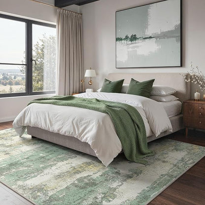8x10 Area Rugs Washable Green Rug for Living Room Bedroom, Abstract Modern Large Rug Non Slip, Water Repellent Low Pile Soft Carpet for Dining Room, Light Green