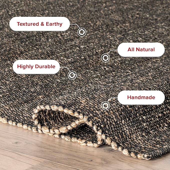 nuLOOM 5x8 Elfriede Jute & Cotton Hand Woven Area Rug, Charcoal, Solid Rustic Farmhouse Style, Weaved Design, Natural Fiber, For Bedroom, Living Room, Dining Room, Hallway, Office, Entryway