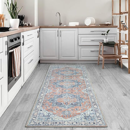 Bloom Rugs Washable Non-Slip 12 ft Runner - Coral/Blue Traditional Medallion Runner for Entryway, Hallway, Bathroom, and Kitchen - Exact Size: 2.5' x 12'