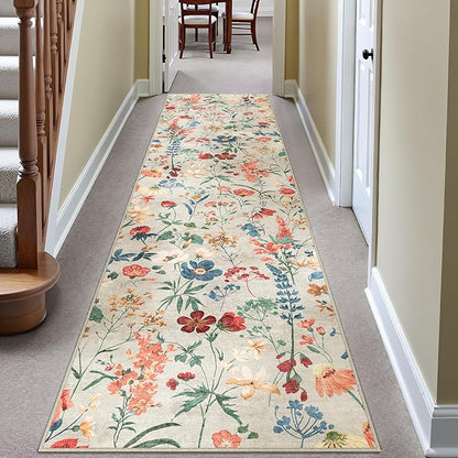 Floral Runner Rug 2x8 Washable Hallway Long Beige Bedroom Carpet Non Slip Indoor Boho Kitchen Low Pile Accent Rug Lightweight Soft for Bathroom Dining Laundry Living Room