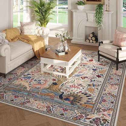Rugcomf Area Rugs 5x7 Vibrant Tree of Life-Patterned Vintage Washable Area Rug Non Slip Low Pile Large Rugs for Living Room Bedroom Farmhouse Dining Room Kids Playroom, Beige