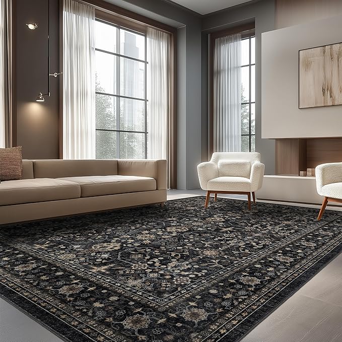 Area Rug Non Slip Machine Washable Ultra Soft Living Room/Bedroom/Kitchen/Outdoor/Classroom Black Grey, 8'×10'