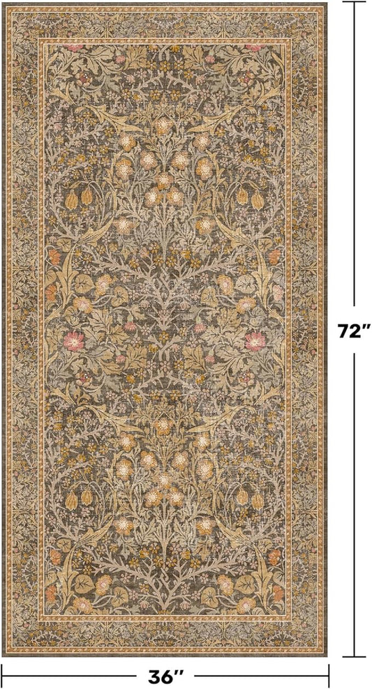 Vintage Brown 3x6 Area Rugs for Large Entryway, Bedroom Beside Rug, Kitchen, Laundry Room, Non-Slip Low Pile Ultra Soft Stain Resistant Small Floral Carpet