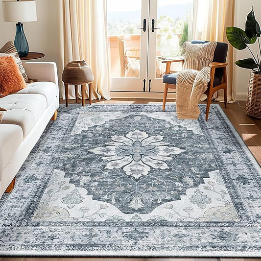 Area Rugs 5'x7' Washable Non-Slip, Floral Vintage Distress Print Pattern Medallion Carpet for Living Room Bedroom Dining Room, Light Gray Grey White