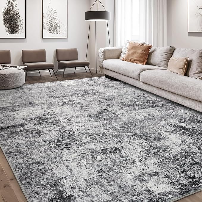 Area Rug Living Room Rugs - 8x10 Large Soft Indoor Neutral Modern Abstract Low Pile Washable Rug Carpet for Bedroom Dining Room Farmhouse Home Office - Grey