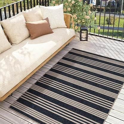 Lahome Striped Easy Jute Washable Rug, 3x5 Outdoor Porch Patio Entryway Rug Indoor Outdoor Carpet for Living Room, Farmhouse Neutral Non Slip Black Carpet for Backyard Bedroom Kitchen
