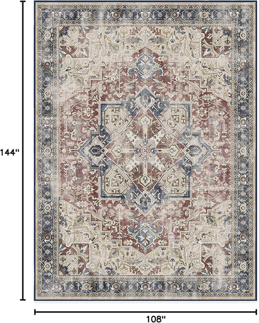 RUGGABLE Washable Vintage Area Rug – Kamran Royal Blue 9x12, Stain-Resistant, Non-Slip – Large Machine Washable Rugs for Living Room, Bedroom, Hallway, Entryway & Office–with Standard Pad