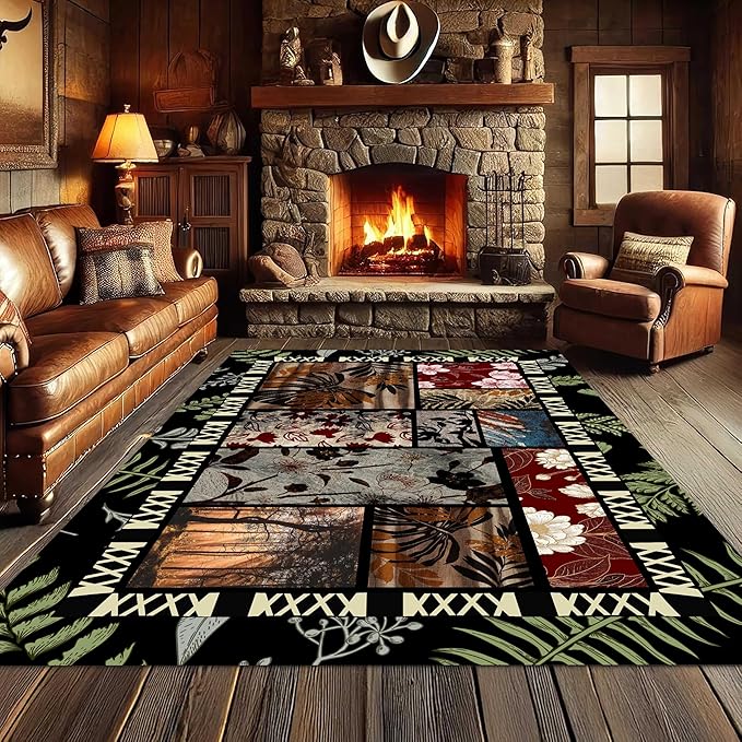 Vintage Jungle Floral Area Rug 5x8ft, Tropical Leaf Print Low Pile Carpet, Washable Non-Slip & Soft Mat for Bedroom, Living Room, Dining Room, Playroom