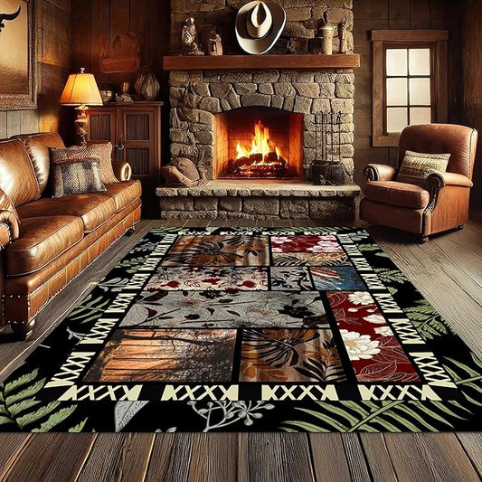Vintage Jungle Floral Area Rug 8x10ft, Tropical Leaf Print Low Pile Carpet, Washable Non-Slip & Soft Mat for Bedroom, Living Room, Dining Room, Playroom
