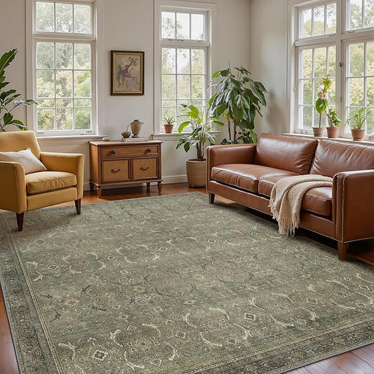 9x12 Area Rug Machine Washable Boho Rug for Living Room,Ultra-Thin Low Pile Carpet,Lightweight Indoor Printed Rug,Non Slip Floral Area Rug for Bedroom, Dining Room, Home Office,Muted Green