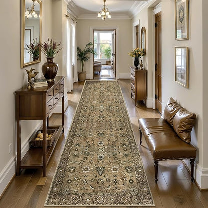 Tangsoo Brown Hallway Runner Rugs 2.6x14 Washable Runner Rug for Hallways, Non Slip Floral Vintage Soft Low Pile 14ft Long Rug Runner, Print Carpet Runners for Kitchen Bedroom Entryway Living Room