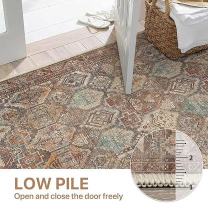 Bavni Runner Rugs 2x7 Kitchen Rug for Hallways Entryway, Washable Vintage Print Carpet, Ultra-Thin Low Pile Lightweight Rug with Non Slip Backing, Reddish Brown