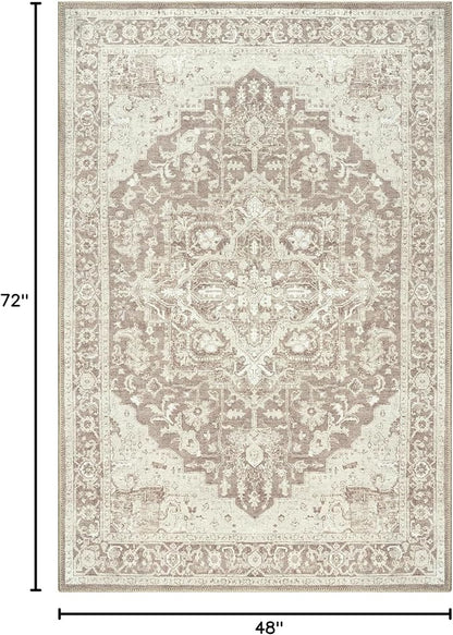Bloom Rugs Washable Non-Slip 4' x 6' Rug - Light Brown Traditional Medallion Area Rug for Living Room, Bedroom, Dining Room, and Kitchen - Exact Size: 4' x 6'