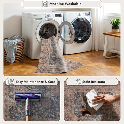 Kuden 3x5 Small Rug, Machine Washable, Non-Slip Backing, Vintage Style, Soft, Low Pile, Area Rugs for Entryway Kitchen Indoor Entrance