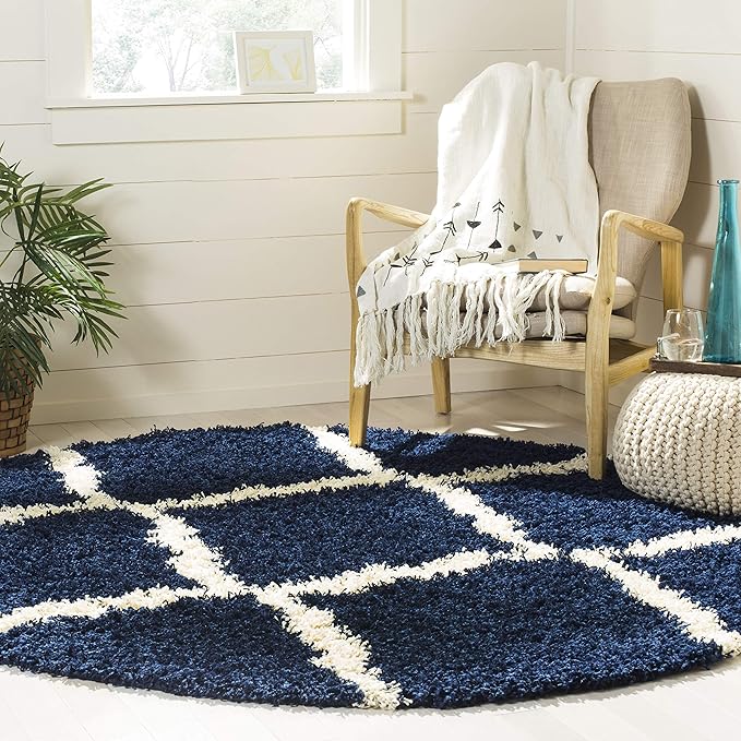 SAFAVIEH Dallas Shag Collection Area Rug - 6' Round, Navy & Ivory, Trellis Design, Non-Shedding & Easy Care, 1.5-inch Thick Ideal for High Traffic Areas in Living Room, Bedroom (SGD257N)