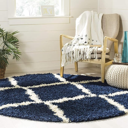 SAFAVIEH Dallas Shag Collection Area Rug - 6' Round, Navy & Ivory, Trellis Design, Non-Shedding & Easy Care, 1.5-inch Thick Ideal for High Traffic Areas in Living Room, Bedroom (SGD257N)