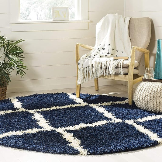 SAFAVIEH Dallas Shag Collection Area Rug - 8' Round, Navy & Ivory, Trellis Design, Non-Shedding & Easy Care, 1.5-inch Thick Ideal for High Traffic Areas in Living Room, Bedroom (SGD257N)