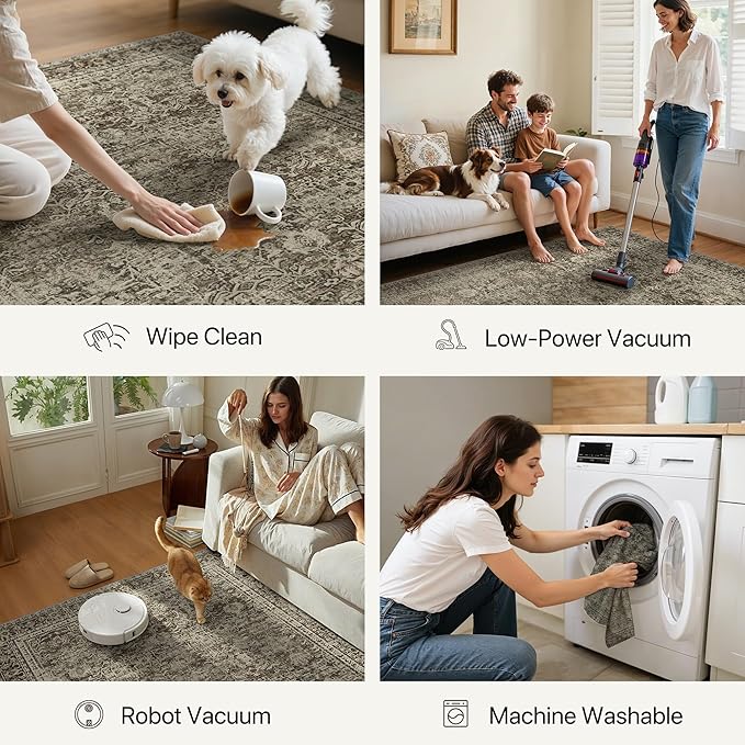 6x9 Area Rug Machine Washable Boho Rug for Living Room,Ultra-Thin Low Pile Carpet,Lightweight Indoor Printed Rug,Non Slip Floral Area Rug for Bedroom, Dining Room, Home Office,Vintage Sage Green