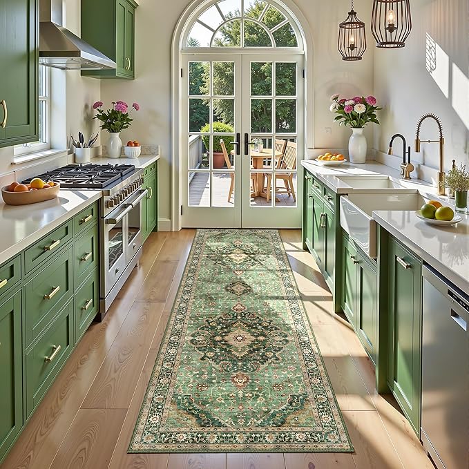 Deerly Green Runner Rug 3x10 Boho Washable Extra Long Rug for Hallway, Waterproof Large Kitchen Floor Rug, Non-Slip Stain & Fade Resistant, Vintage Floral Decor