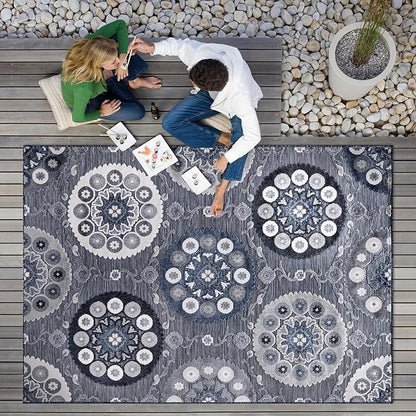 CAMILSON Indoor Outdoor Rug 10x14 Bohemian Medallion Floral Area Rugs for Indoor and Outdoor Patios Easy-Cleaning Non-Shedding Living Room Garden and Kitchen Washable Outside Carpet (10 x 14 / Navy)