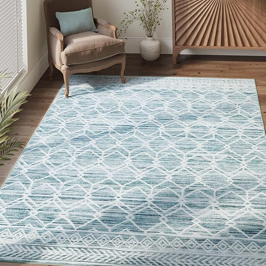 jinchan 3x5 Area Rugs for Entryway - Machine Washable Modern Rug Kitchen Stain Resistant Non-Slip Ultra-Thin Low-Pile Geometric Carpet for Entrance Bedroom Living Room (3x5ft, Teal Blue)