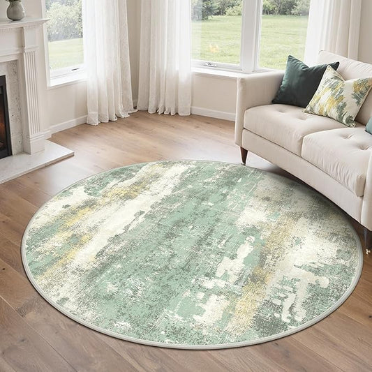 GENIMO Round Area Rugs 5FT for Living Room, Washable Circle Rug Low Pile, Non Slip Abstract Carpet for Bedroom, Enytryway, Kitchen, Light Green